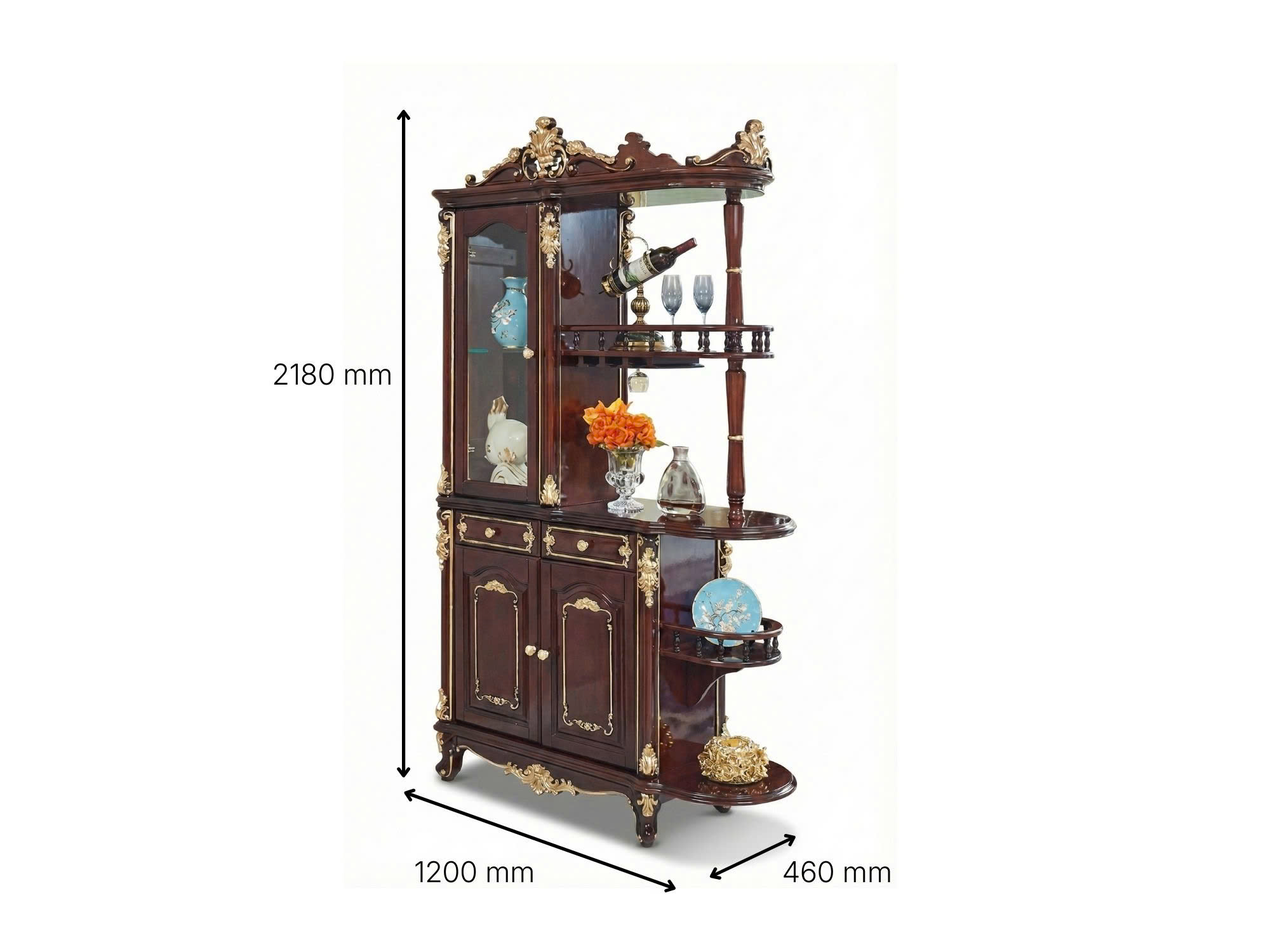 Tủ rượu 2 mặt TR01-12 được chụp nghiêng trên nền trắng, hiển thị rõ các kích thước chi tiết: chiều dài 1200mm, chiều rộng…