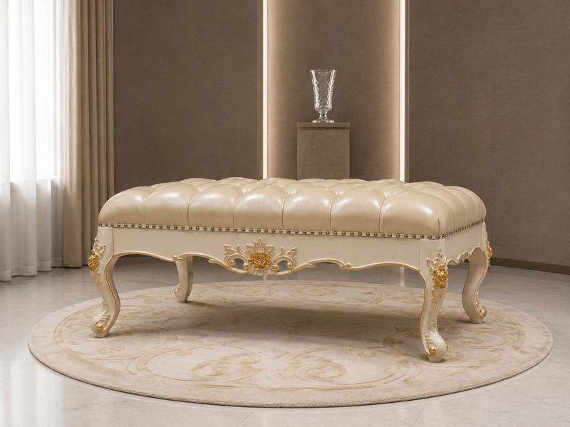 Ghế đôn sofa Élysée DS01TN-110 chụp ngang tầm mắt, nổi bật với lớp da bò tự nhiên màu kem sang trọng và đệm rút khuy cổ đi…