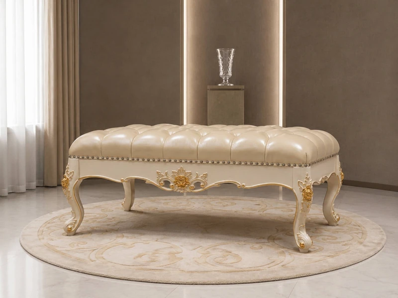 Ghế đôn sofa Élysée DS01TN-110 chụp ngang tầm mắt, nổi bật với lớp da bò tự nhiên màu kem sang trọng và đệm rút khuy cổ đi…