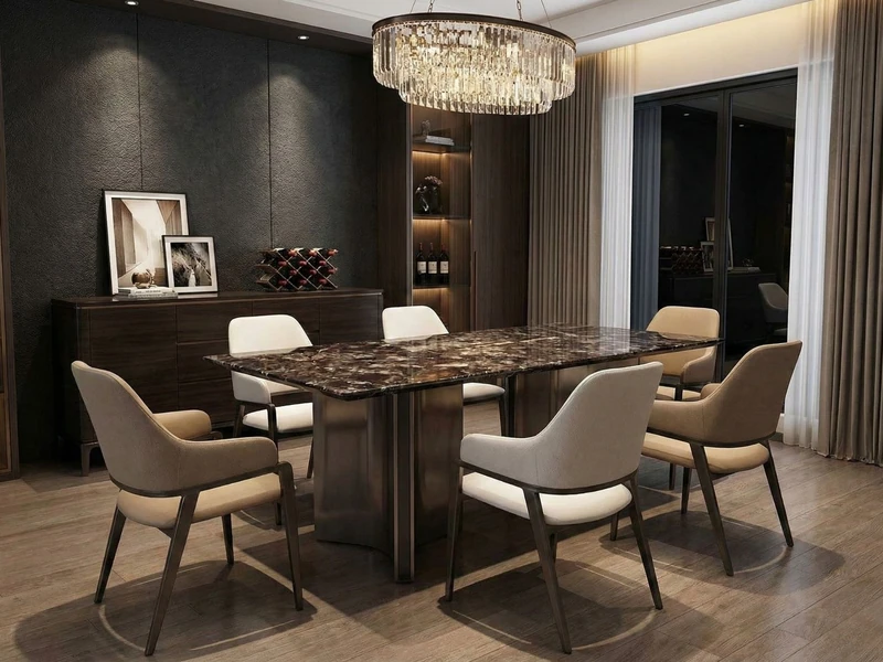 Bộ bàn ăn mặt đá hoa cương tự nhiên và 6 ghế được bài trí trong không gian phòng ăn hiện đại, sang trọng. Mặt bàn màu nâu…