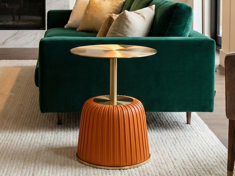 Bàn trà góc BGQ36 đặt cạnh ghế sofa bọc vải nhung màu xanh lá cây đậm trong phòng khách hiện đại. Góc chụp ngang tầm mắt…