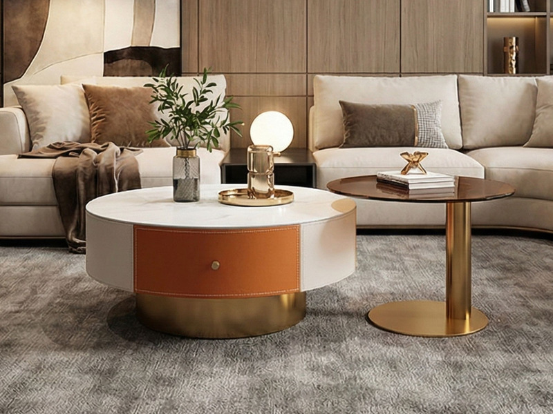 Bàn trà đôi BTQC332 đặt trong không gian phòng khách hiện đại luxury, với bàn lớn mặt đá trắng vân mây, thân bọc da cam và…