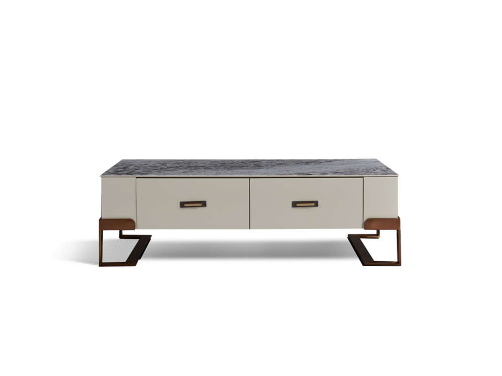 Bàn trà mặt đá BT8805-133 nhìn trực diện, thể hiện rõ hai ngăn kéo màu trắng kem với tay nắm kim loại màu vàng hồng. Mặt đ…