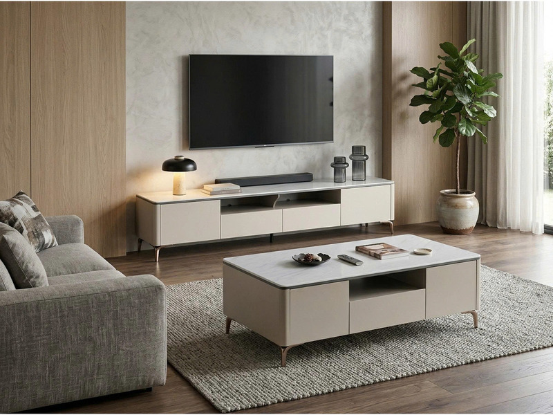 Bộ nội thất phòng khách hiện đại gồm bàn trà MONZA BT2515 và kệ tivi đồng bộ. Bàn trà hình chữ nhật, mặt đá trắng vân, thâ…