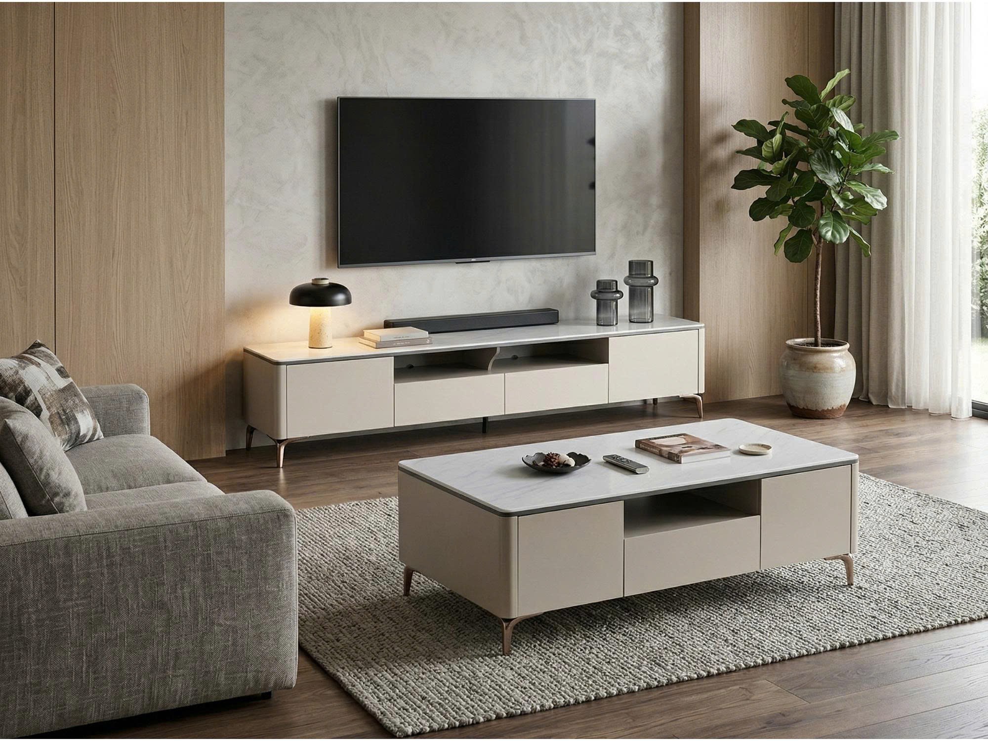 Bộ nội thất phòng khách hiện đại gồm bàn trà MONZA BT2515 và kệ tivi đồng bộ. Bàn trà hình chữ nhật, mặt đá trắng vân, thâ…