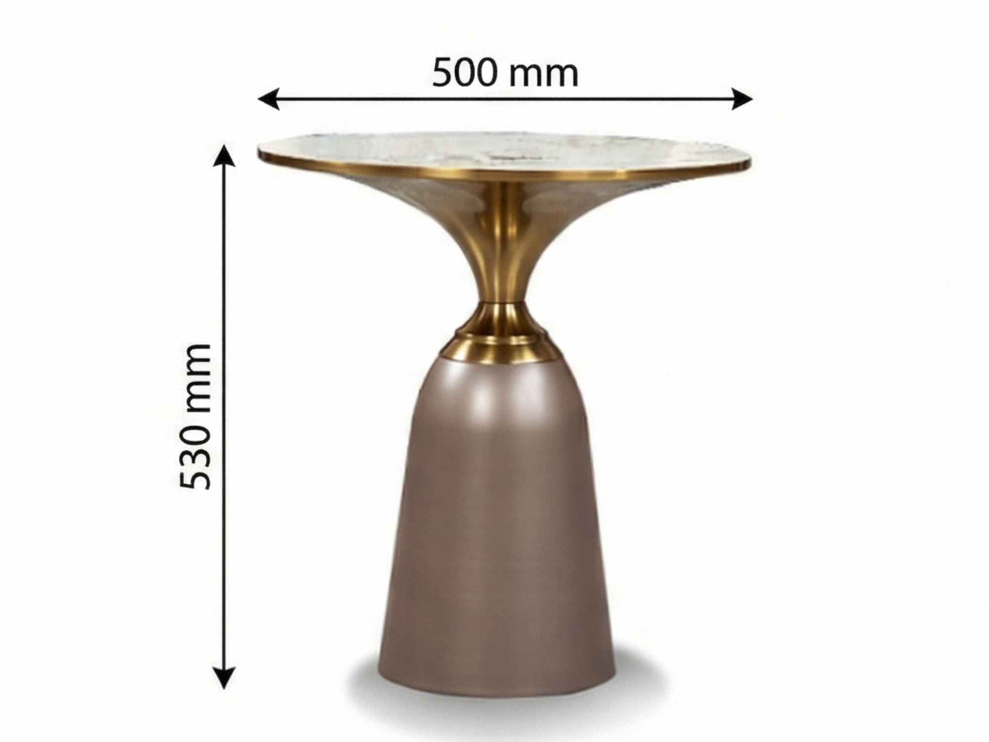 Bàn trà góc BG216 được chụp với các chú thích kích thước rõ ràng: đường kính mặt bàn 500mm và chiều cao 530mm. Bàn có mặt…