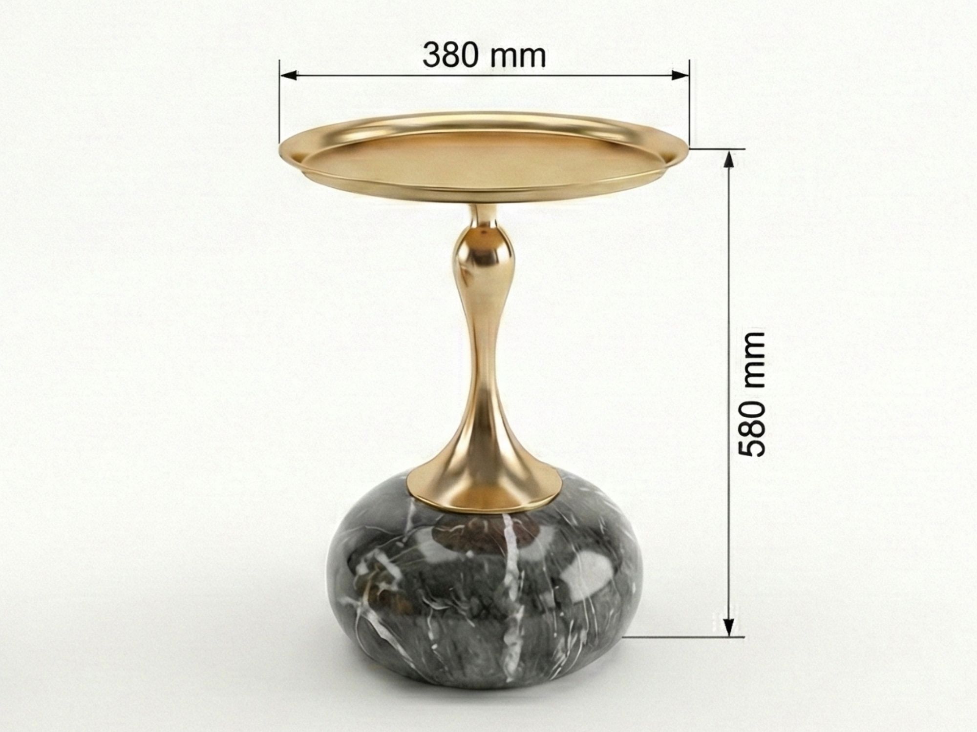 Bàn trà góc BG219 chụp chính diện với chú thích kích thước rõ ràng: đường kính mặt bàn 380mm, chiều cao 580mm. Thiết kế ch…