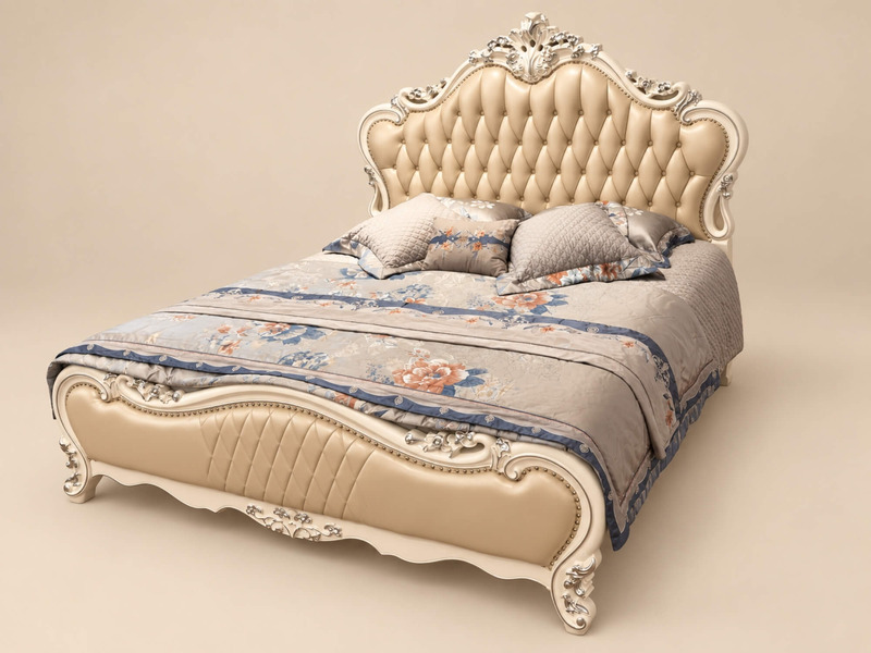 Giường ngủ PRINCESS ÉLODIE chụp từ góc cao, tổng thể giường bọc da màu trắng ngọc trai với các chi tiết chạm khắc nhũ vàng…