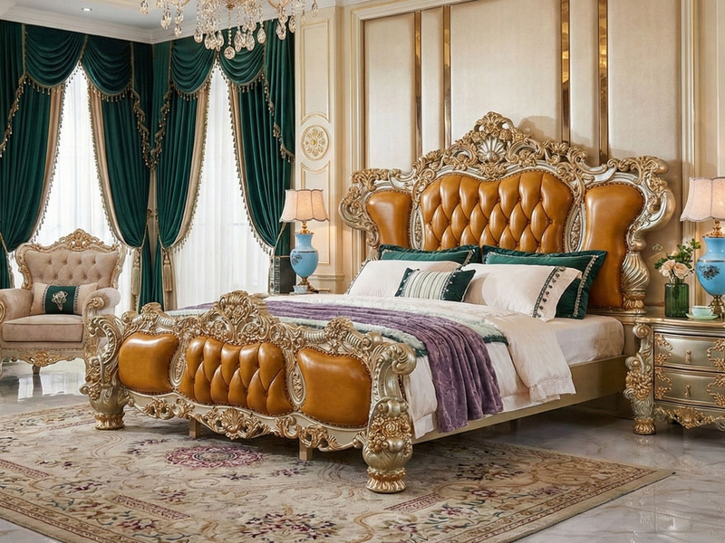 Giường ngủ tân cổ điển GIB51-20 được đặt trong không gian phòng ngủ sang trọng, chụp toàn cảnh từ góc hơi nghiêng. Giường…