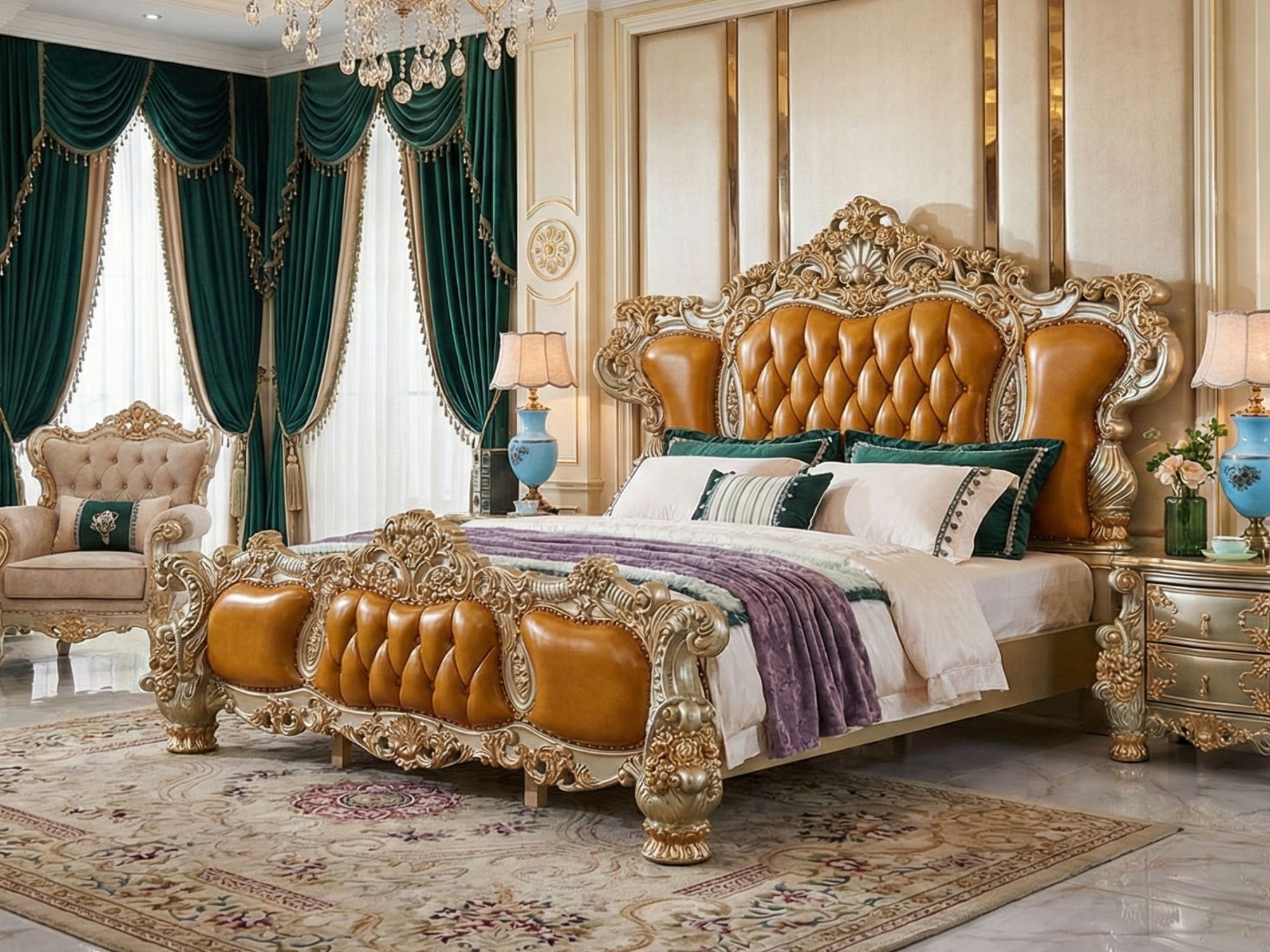 Giường tân cổ điển nhập khẩu GIB51-20 màu nâu vàng cognac chạm khắc Baroque tại Gia Khánh