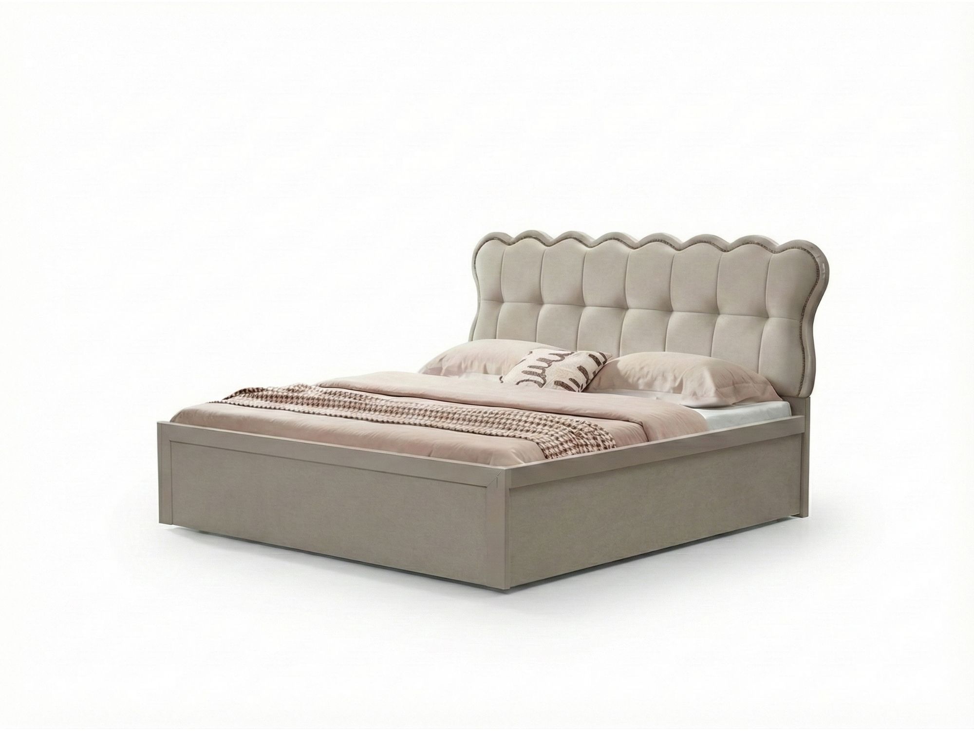 Giường ngủ hiện đại BG2573-2 nhìn từ góc 3/4 phía trước, nổi bật với đầu giường bọc da nhân tạo cao cấp màu be nhạt, có cá…