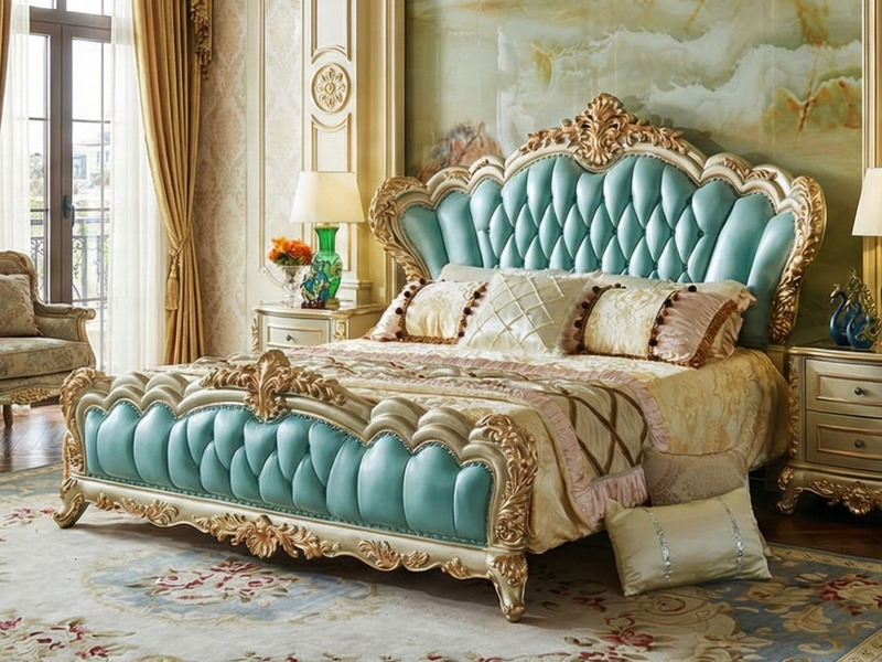 Giường ngủ tân cổ điển GIB990-20 đặt trong phòng ngủ sang trọng, chụp góc rộng. Giường có đầu và đuôi bọc da xanh ngọc chầ…