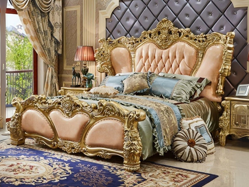 Giường ngủ tân cổ điển GIB890-20 kích thước 2M đặt trong không gian phòng ngủ luxury. Góc chụp cận cảnh cho thấy đầu giườn…