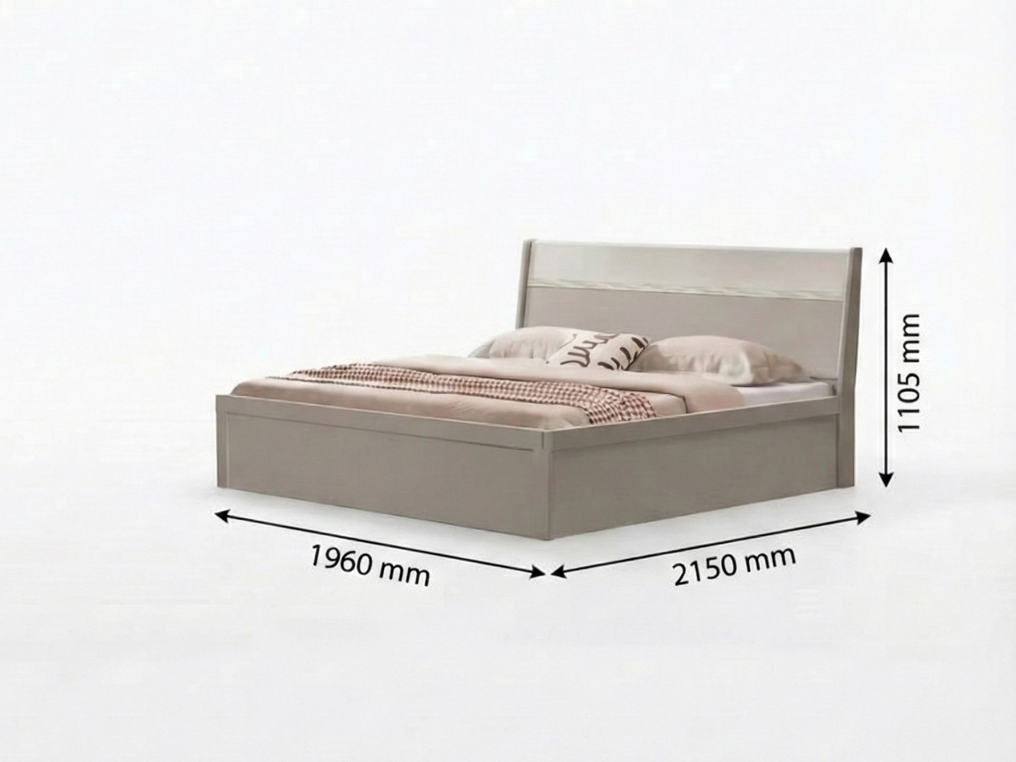 Giường ngủ hiện đại BG2571-18 màu be, chụp từ góc 3/4, hiển thị rõ các kích thước chi tiết: chiều dài 2150 mm, chiều rộng…