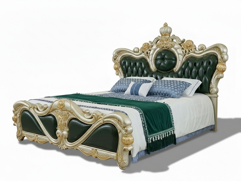 Giường ngủ tân cổ điển 2M GIB989-20 được chụp từ góc hơi nghiêng, nổi bật trên nền trắng. Giường có phần đầu và đuôi bọc d…