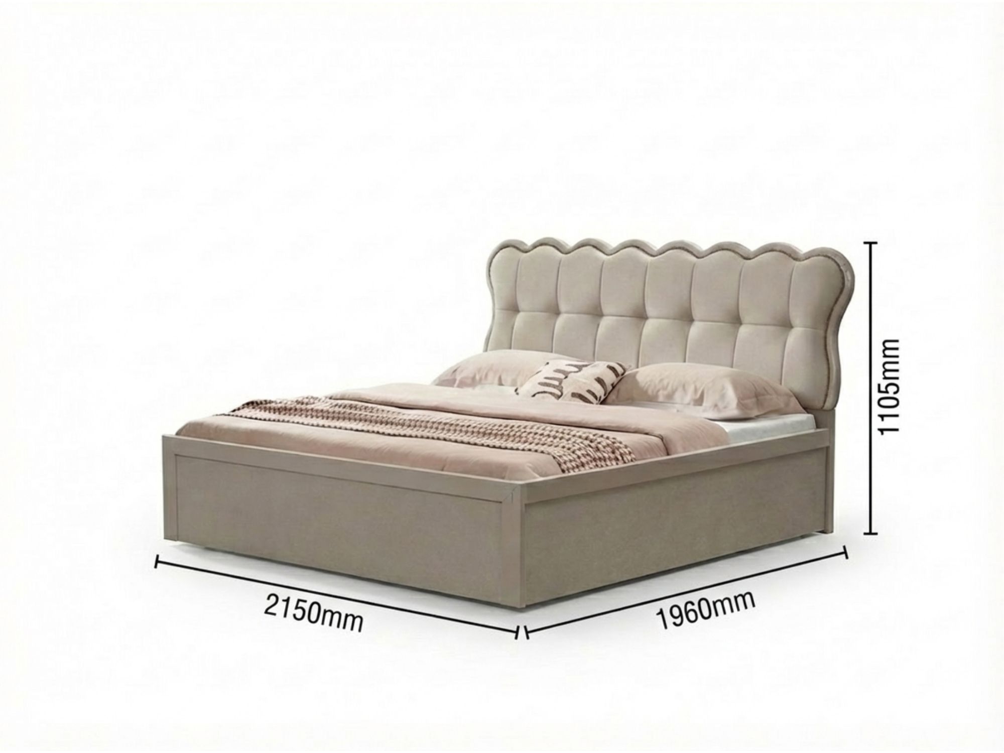 Giường ngủ hiện đại BG2573-2 với các thông số kích thước chi tiết: chiều dài 2150mm, chiều rộng 1960mm, chiều cao đầu giườ…