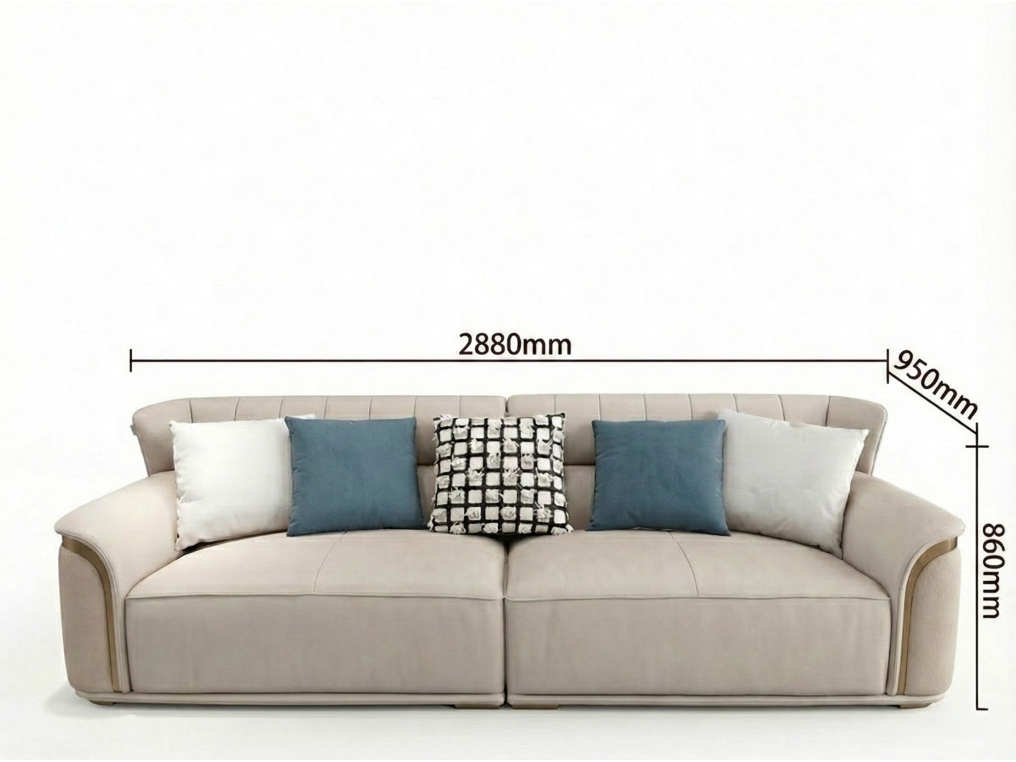 Sofa băng 4 SBQ929-4 màu be nhạt được chụp chính diện trên nền trắng, hiển thị rõ ràng kích thước tổng thể L2880*W950*H860…