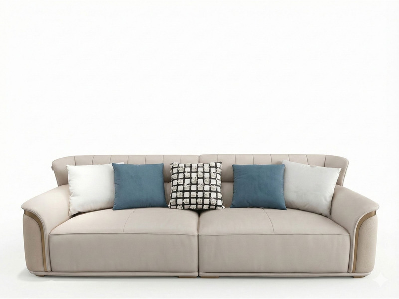 Toàn cảnh sofa băng 4 SBQ929-4 màu be nhạt chụp chính diện trên nền trắng. Ghế có kiểu dáng thanh lịch, phần tay vịn uốn c…