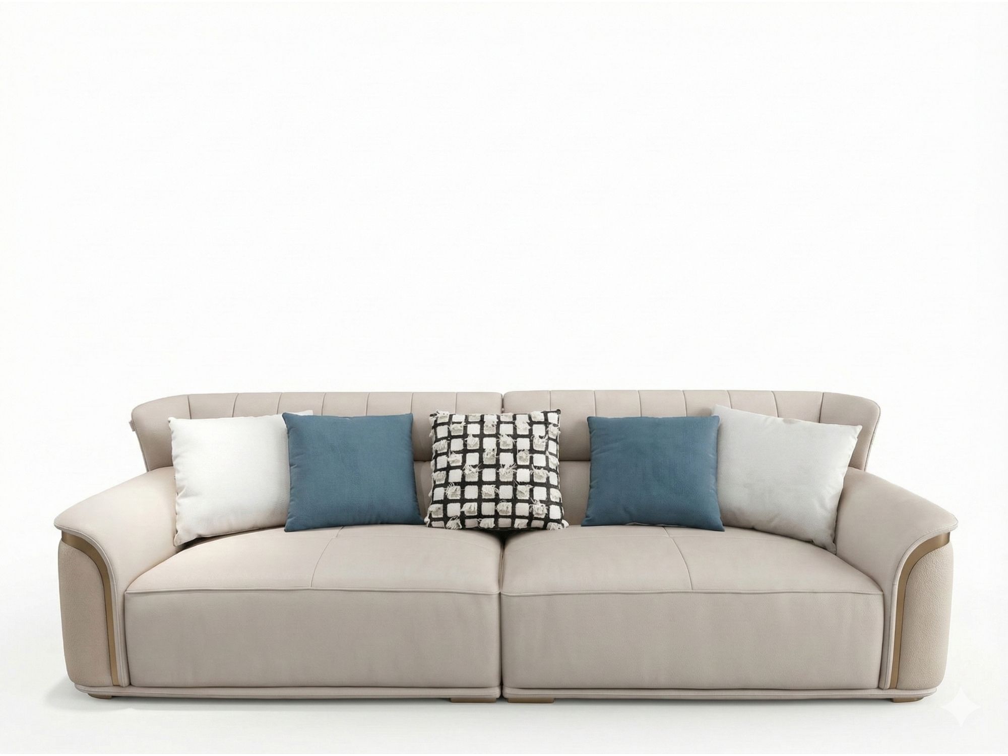 Toàn cảnh sofa băng 4 SBQ929-4 màu be nhạt chụp chính diện trên nền trắng. Ghế có kiểu dáng thanh lịch, phần tay vịn uốn c…