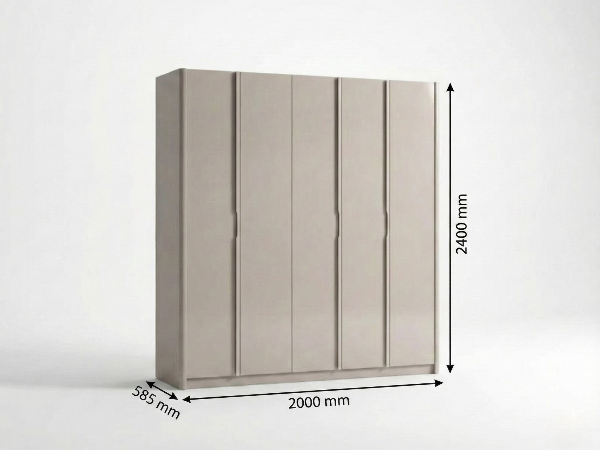 Tủ quần áo 5 cánh hiện đại BG2571-18 màu be, chụp chính diện, minh họa kích thước cụ thể: chiều dài 2000 mm, chiều sâu 585…
