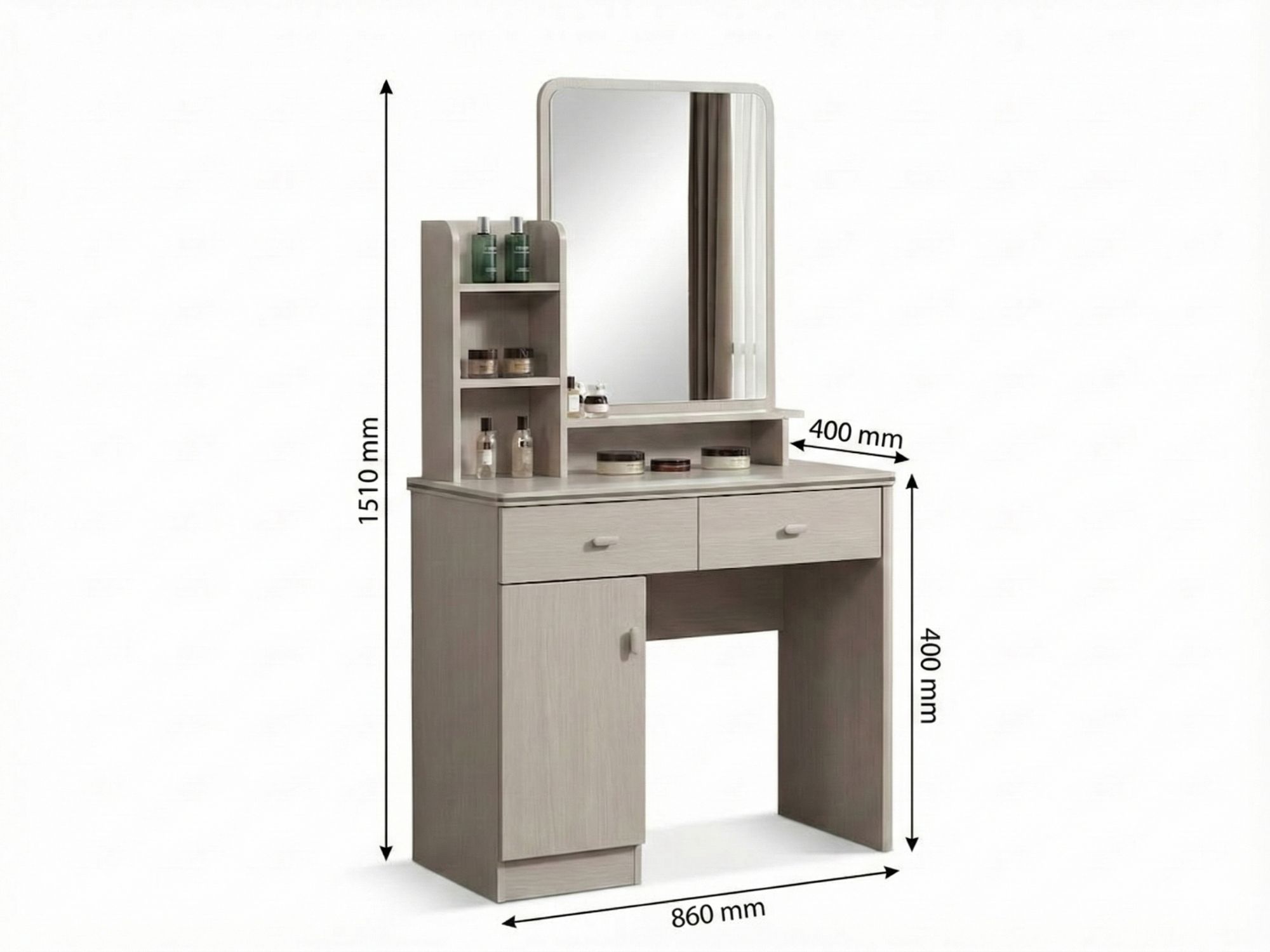 Bàn trang điểm hiện đại BG2573-2 hiển thị các kích thước cụ thể: chiều dài 860mm, chiều rộng 400mm, chiều cao tổng thể 151…