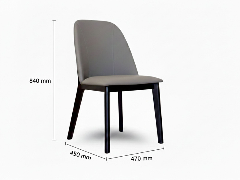 Chiếc ghế ăn hiện đại GA888 màu xám được chụp chính diện trên nền trắng, hiển thị rõ các thông số kích thước: chiều cao 84…