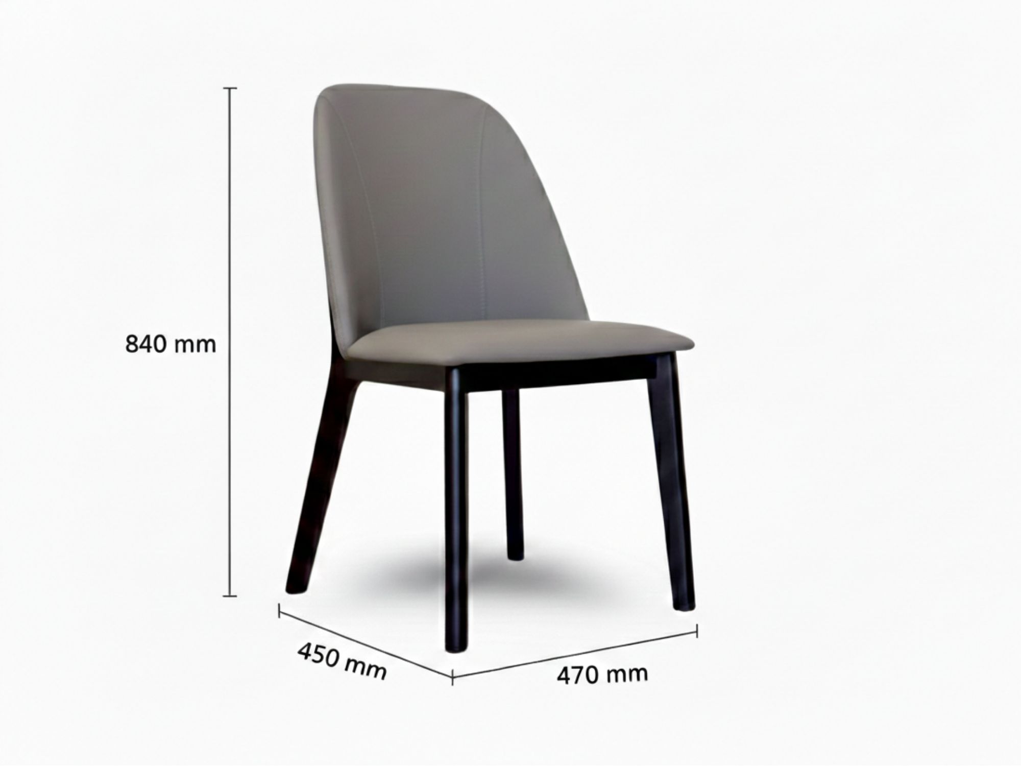 Chiếc ghế ăn hiện đại GA888 màu xám được chụp chính diện trên nền trắng, hiển thị rõ các thông số kích thước: chiều cao 84…