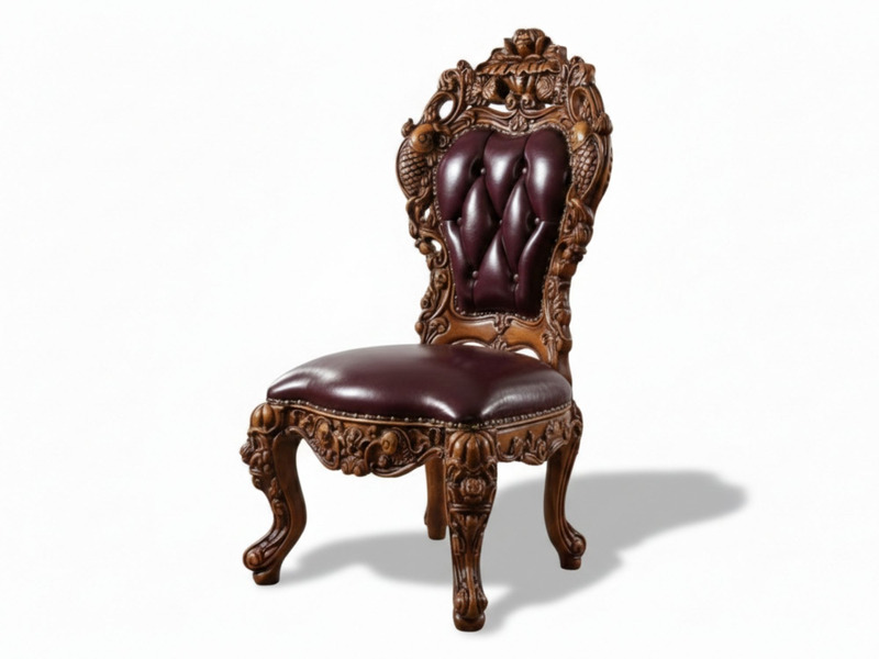 Ghế ăn tân cổ điển GAC105-TN chụp chính diện hơi nghiêng, nổi bật khung gỗ sồi OAK chạm khắc tinh xảo với các họa tiết hoa…