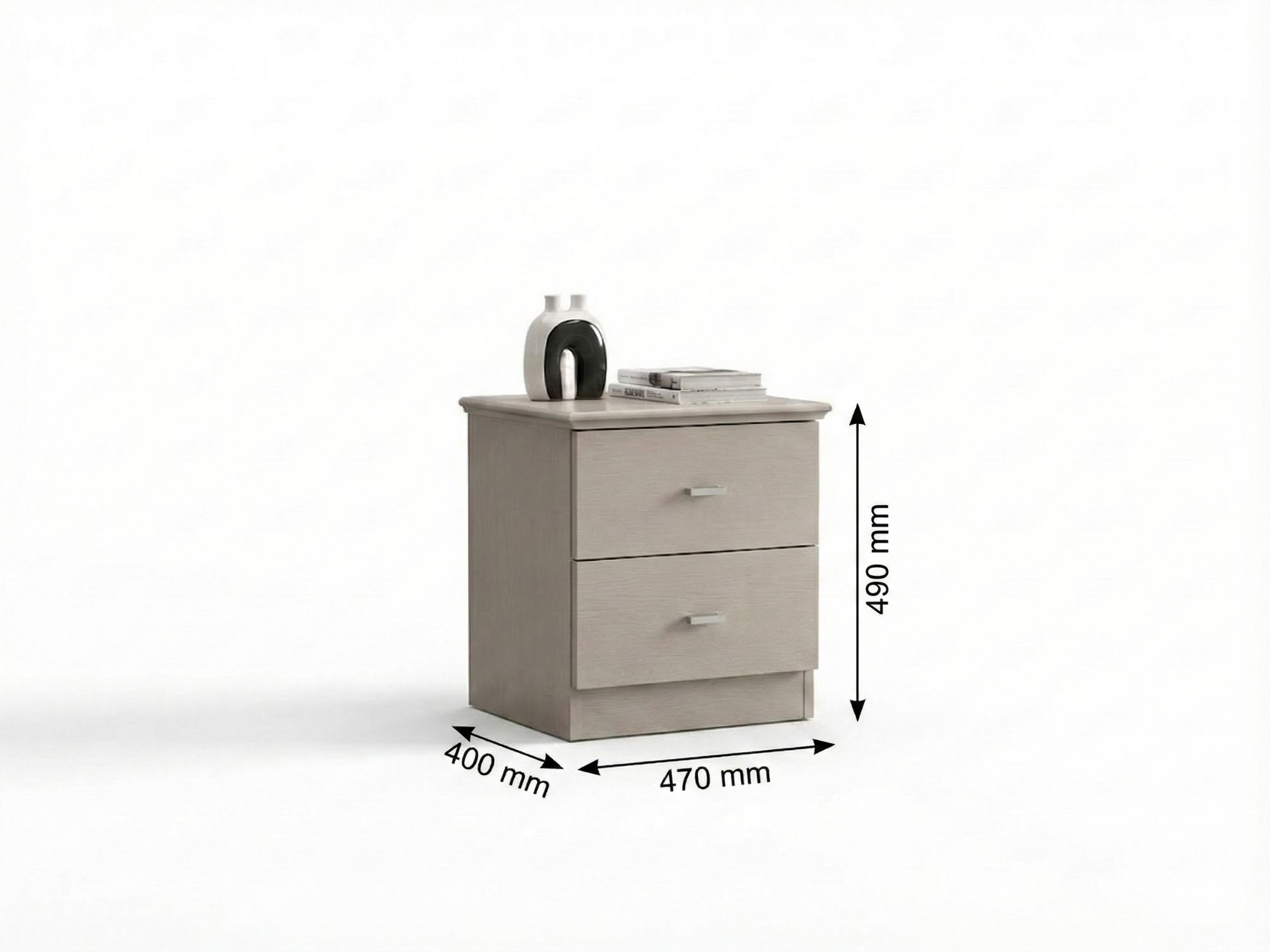 Tủ đầu giường hiện đại BG2571-18 màu be, chụp từ góc 3/4, với các thông số kích thước rõ ràng: chiều dài 470 mm, chiều sâu…