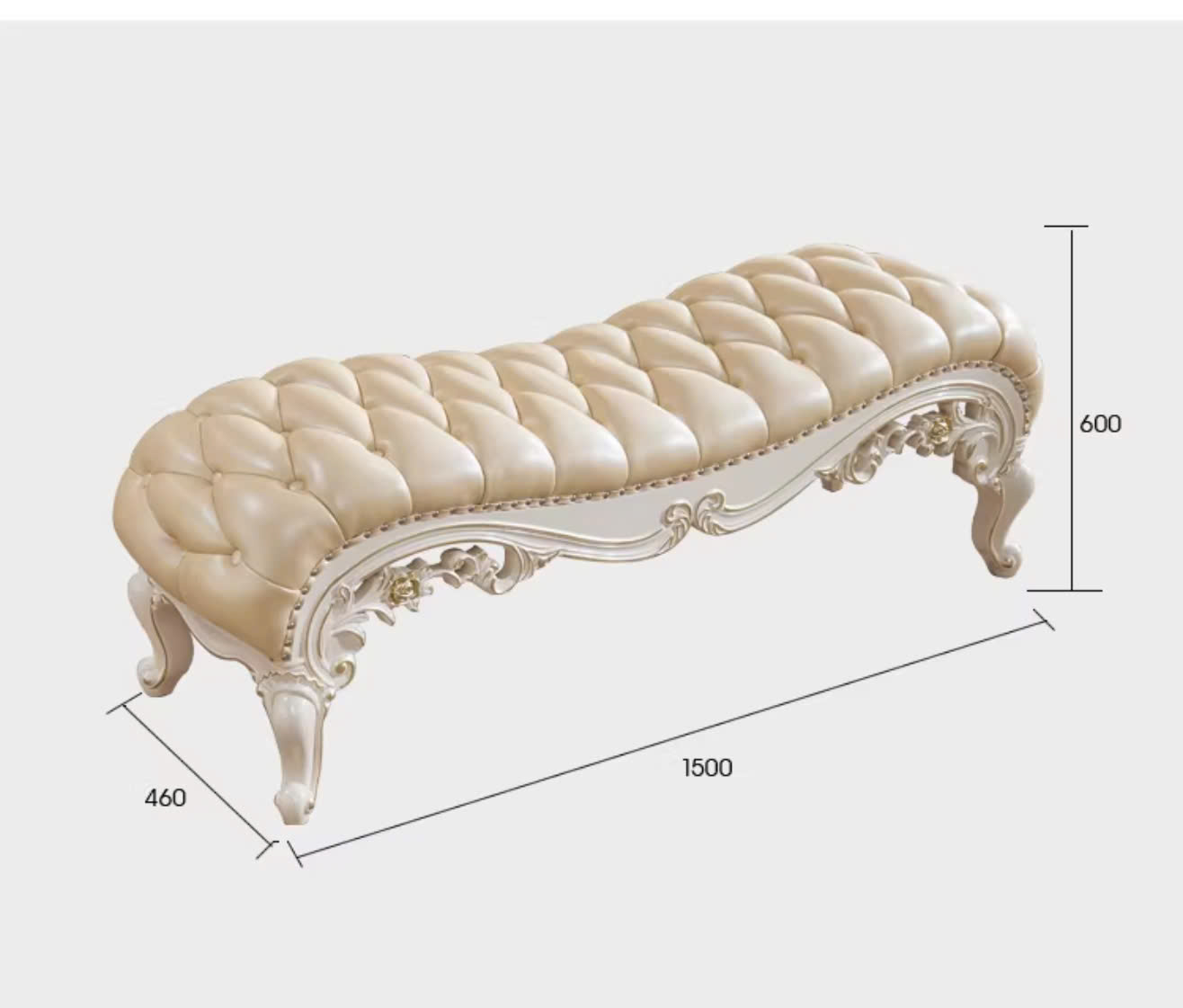 Hình ảnh phối cảnh 3D của ghế đuôi giường GG01-2 trên nền trắng, hiển thị rõ ràng các kích thước L1500*W460*H600MM. Ghế có…
