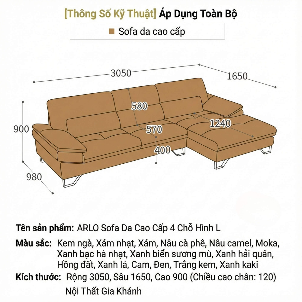 Sofa ARLO - Sofa Da Cao Cấp Góc Chữ L Hiện Đại Đệm Ngồi Êm Ái