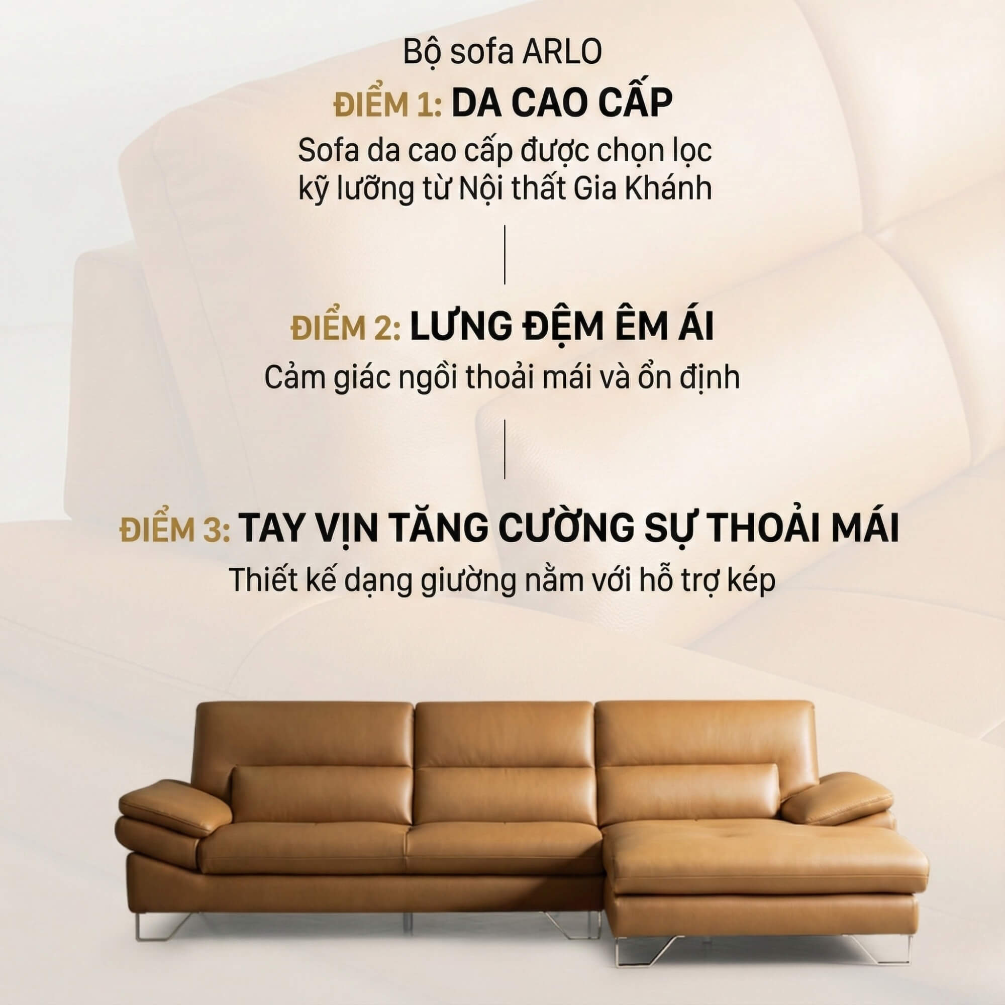 Sofa ARLO - Sofa Da Cao Cấp Góc Chữ L Hiện Đại Đệm Ngồi Êm Ái 