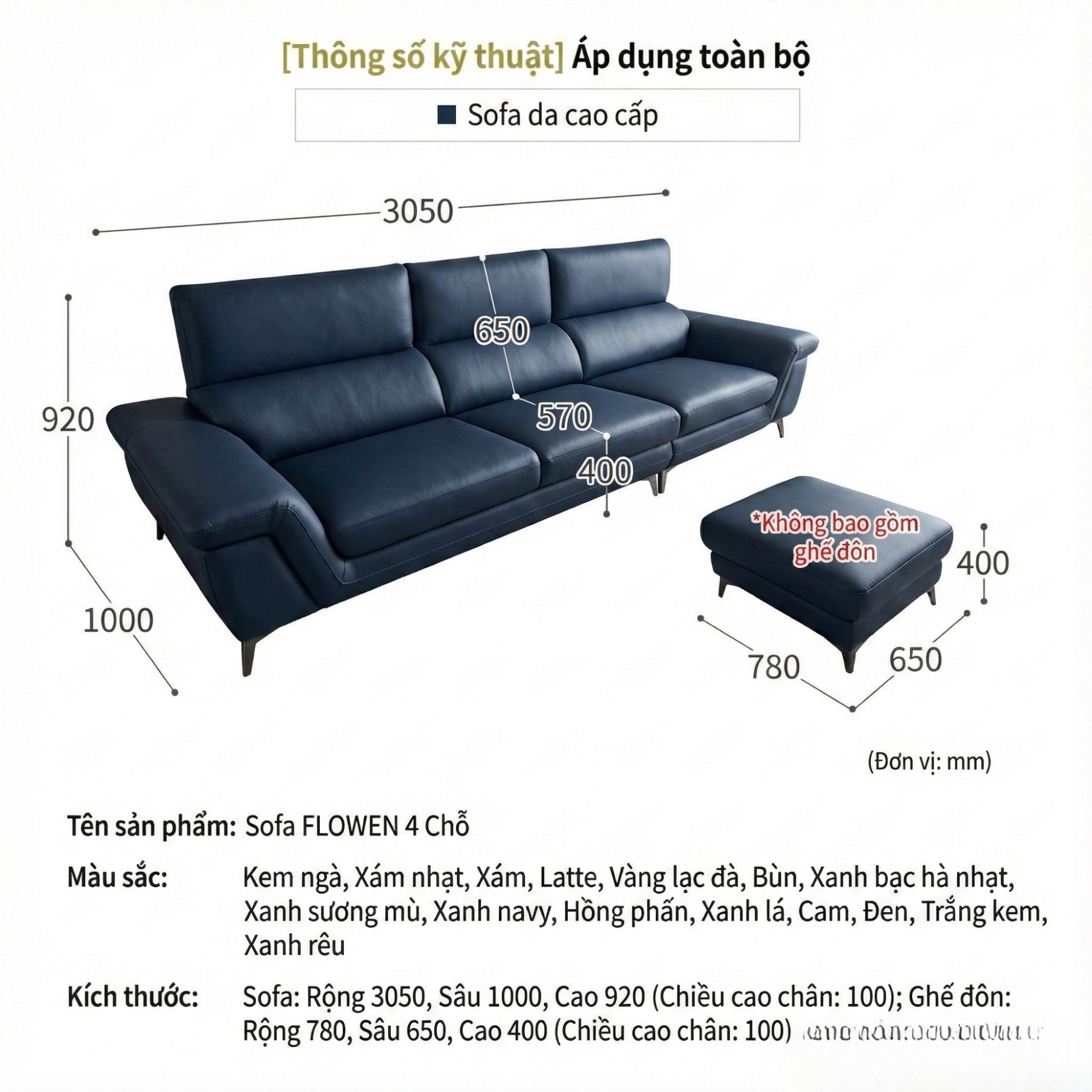 Sofa FLOWEN – Sofa Băng Hiện Đại 4 Chỗ Bọc Da Cao Cấp Êm Ái Thoải Mái 