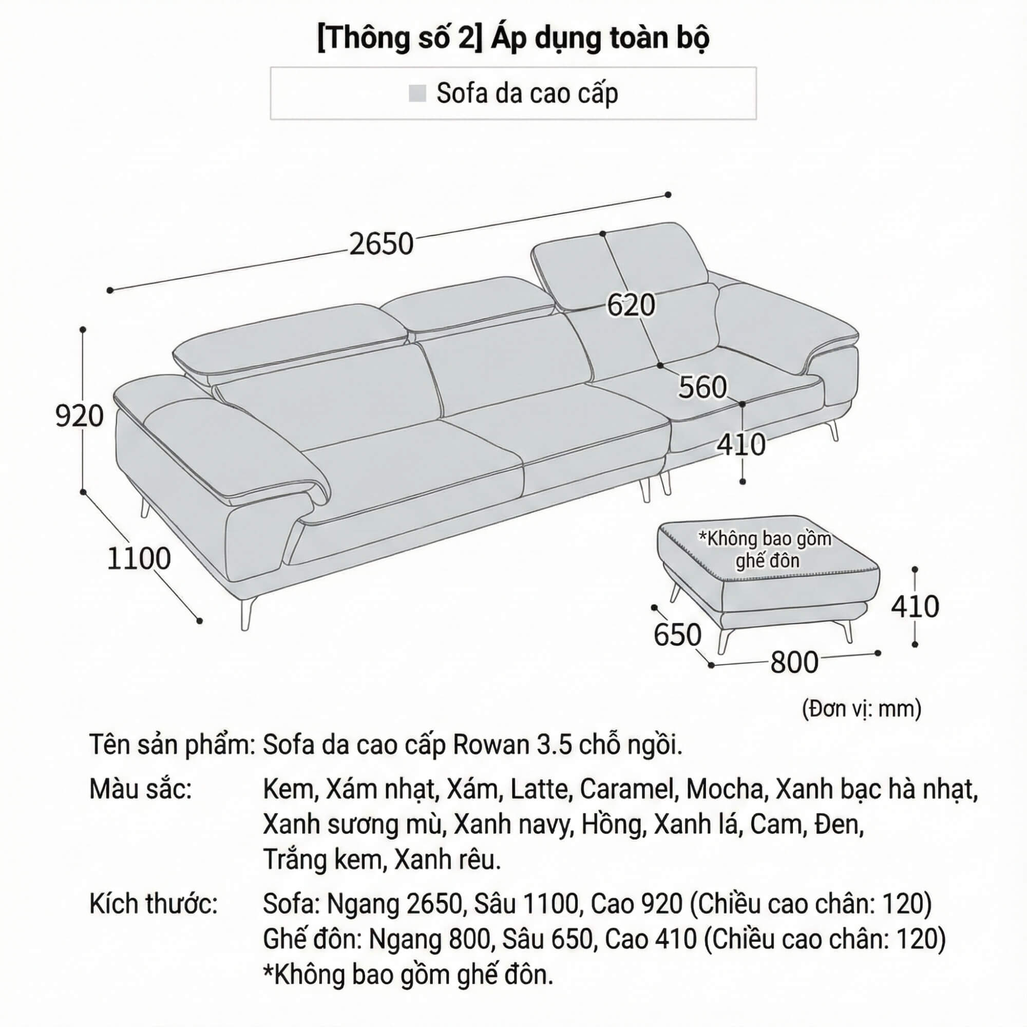 Sofa ROWAN – Sofa Phòng Khách Hiện Đại Bọc Da Với Đầu Thông Minh