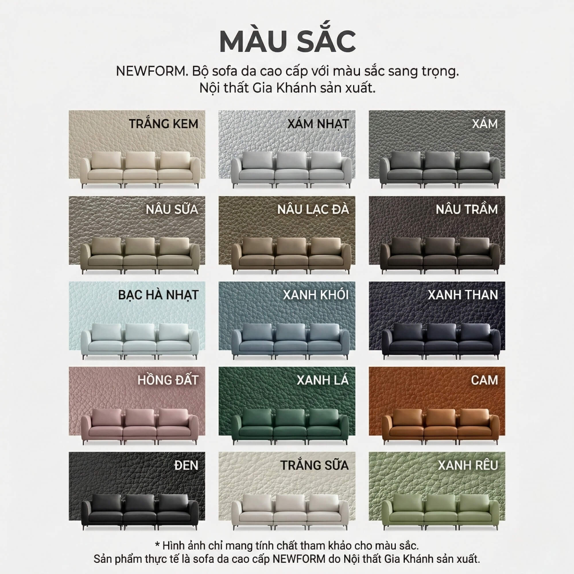Bảng hiển thị các tùy chọn màu sắc cho sofa NEWFORM, bao gồm các tông màu trung tính như xám, be, nâu, xanh, hồng, vàng, c…