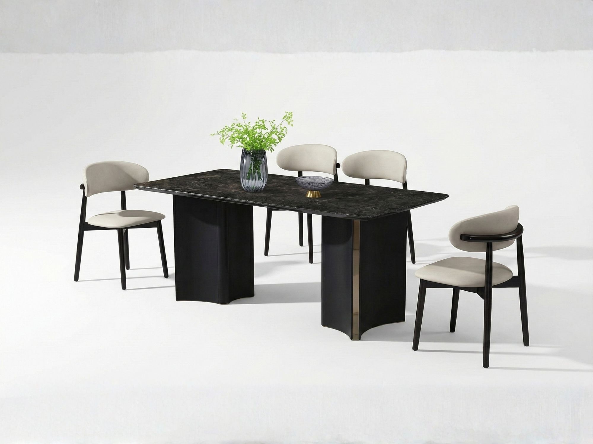 Toàn cảnh bộ bàn ăn BA25160B gồm bàn và bốn ghế được chụp trong studio với nền trắng tinh tế. Bàn ăn có mặt đá màu đen vân…