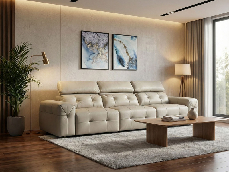 Ghế sofa chỉnh điện SF8143 màu kem nhạt được đặt trong một phòng khách sang trọng, chụp từ góc hơi chếch. Sofa có thiết kế…