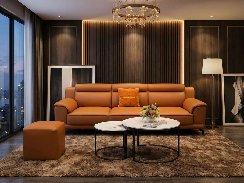 Toàn cảnh phòng khách luxury với bộ sofa băng SB01-Lex16 màu nâu da bò, đôn và bàn trà đôi. Không gian được trang trí tinh…