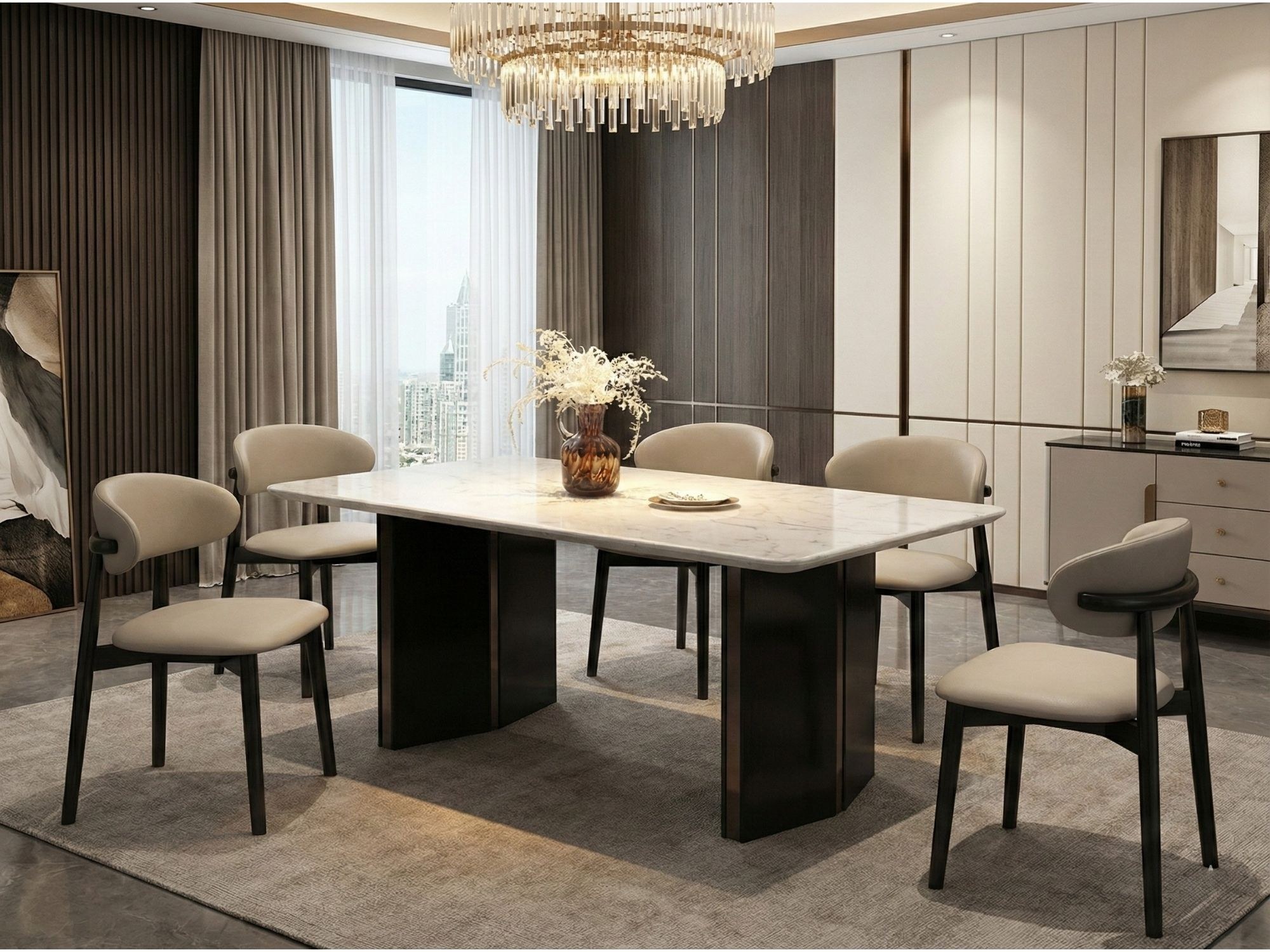 Bộ bàn ăn BA803 và bốn ghế được bố trí trong một không gian phòng ăn luxury. Bàn ăn mặt đá pha lê xanh kết hợp chân gỗ đen…