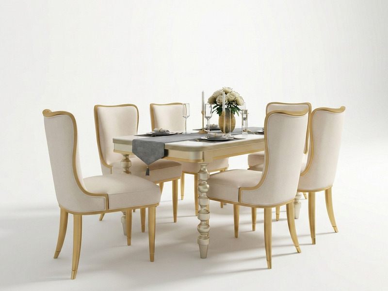 Toàn cảnh bộ bàn ăn 1m6 phong cách Mỹ gồm 01 bàn mặt đá và 06 ghế ăn, chụp trên nền trắng studio. Bàn ăn có mặt đá nhân tạ…