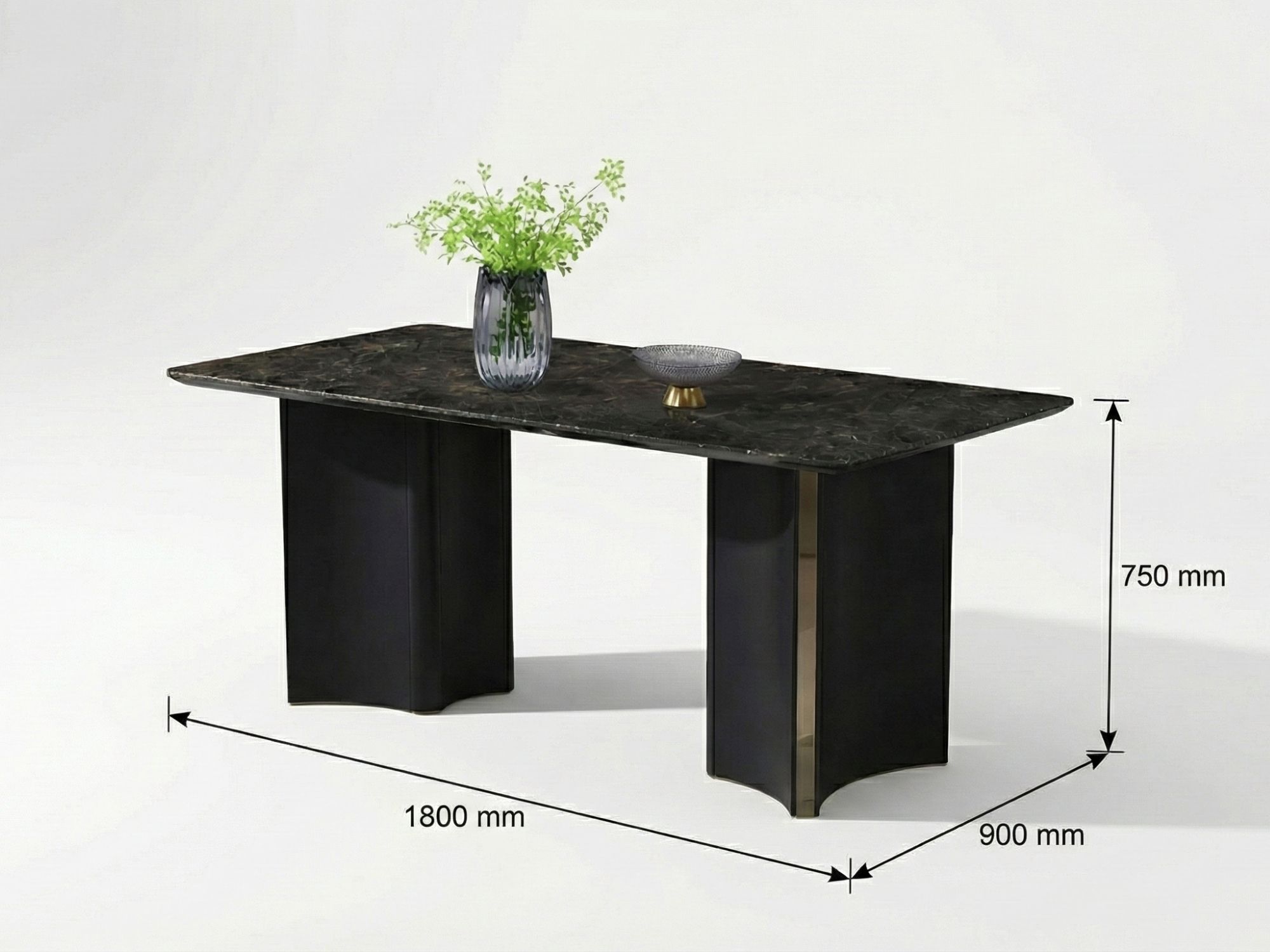Bàn ăn BA25160B được chụp từ góc nhìn trực diện, hiển thị rõ các kích thước L1800mm, W900mm, H750mm. Mặt bàn đá kim cương…