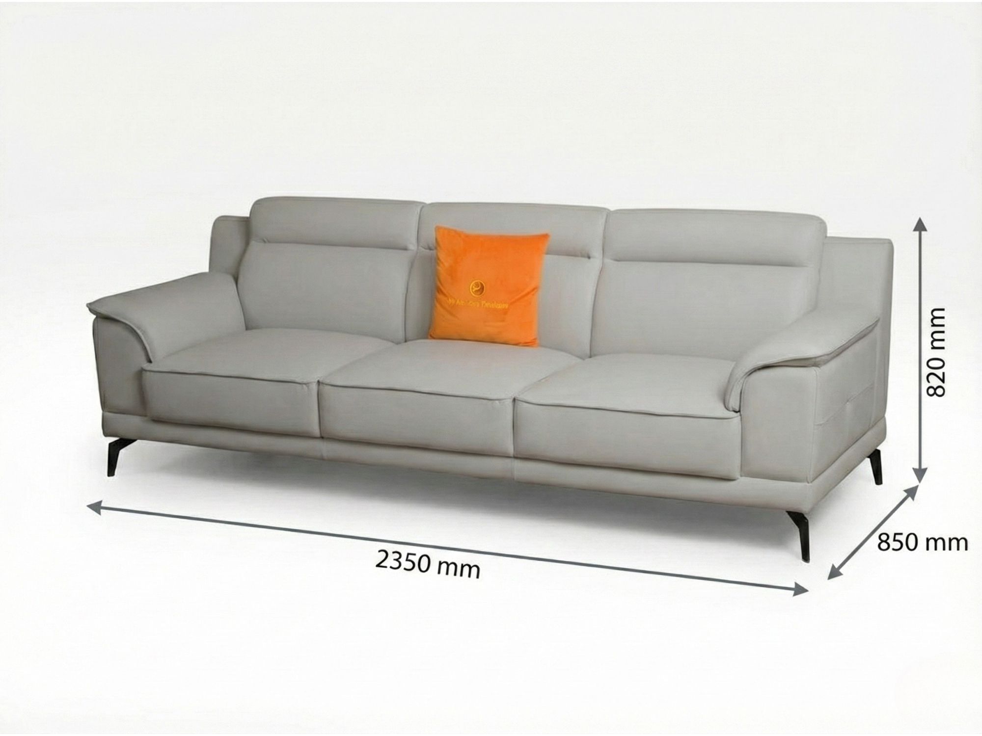 Sofa băng SB01 màu xám nhạt được hiển thị với các thông số kích thước chi tiết: chiều dài 2350mm, chiều rộng 850mm và chiề…