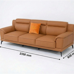 Sofa băng SB01-Lex16 màu nâu da bò chụp góc nghiêng trên nền trắng studio, kèm chú thích kích thước tổng thể L2350*W850*H8…