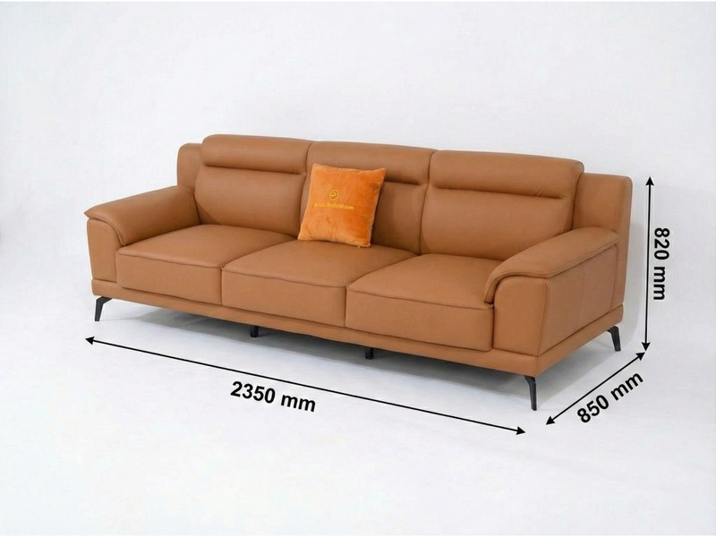 Sofa băng SB01-Lex16 màu nâu da bò chụp góc nghiêng trên nền trắng studio, kèm chú thích kích thước tổng thể L2350*W850*H8…