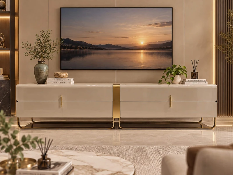 Kệ tivi ARMAND hiện đại luxury đặt trong phòng khách sang trọng. Kệ màu trắng kem bóng với hai hộc kéo lớn, tay nắm và châ…