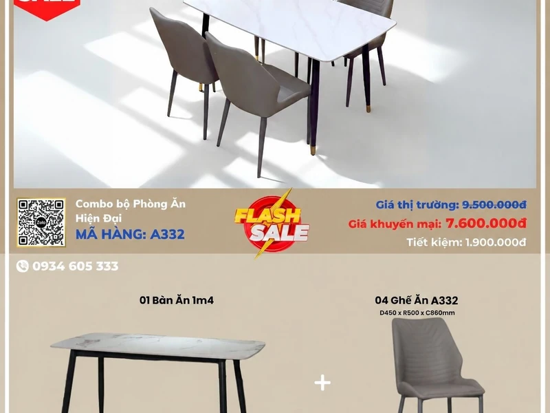 Hình ảnh tổng quan combo bàn ăn hiện đại A332 từ góc nhìn trên cao, hiển thị bàn ăn mặt đá chữ nhật màu trắng vân mây cùng…
