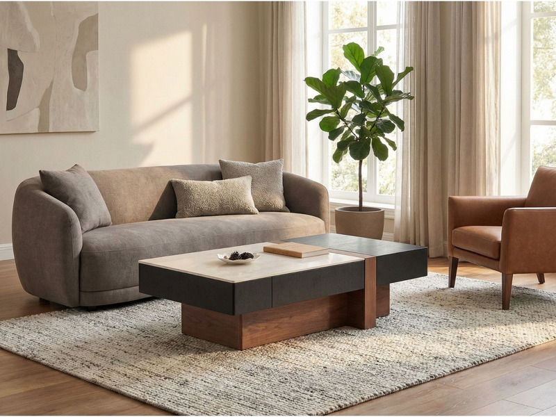 Bàn trà BT8608-13 đặt trong không gian phòng khách ấm cúng, hiện đại, với sofa màu be và ghế bành da nâu. Bàn trà có mặt đ…