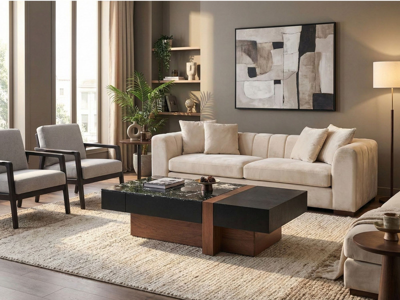 Bàn trà BT8607-13 đặt trong bối cảnh phòng khách hiện đại, sang trọng. Bàn nằm giữa bộ sofa màu kem và hai ghế bành màu xá…
