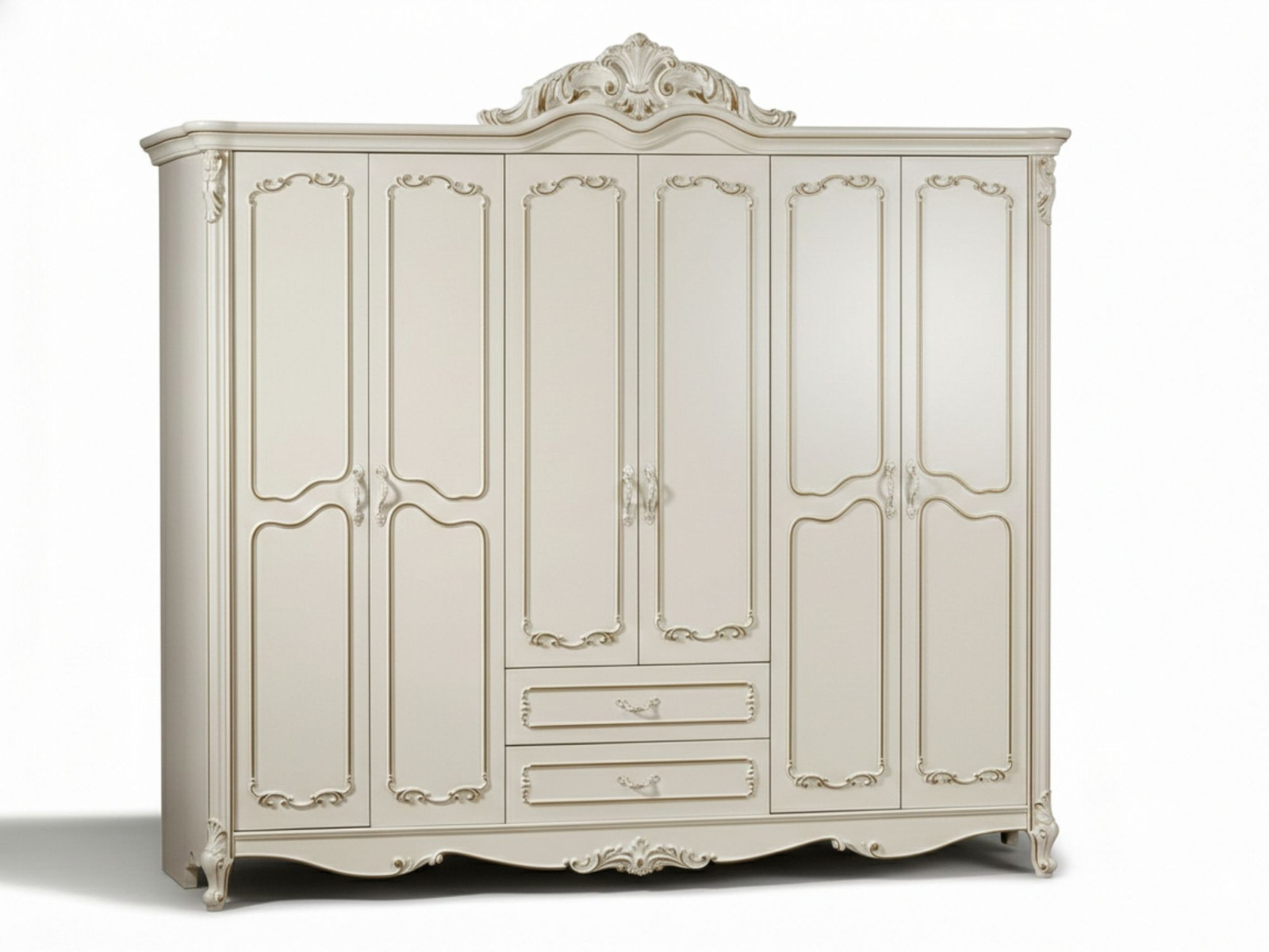 Tủ quần áo tân cổ điển 6 cánh màu trắng ngọc trai, viền chạm nổi — Tủ Áo Thượng Lưu TU9007H-6