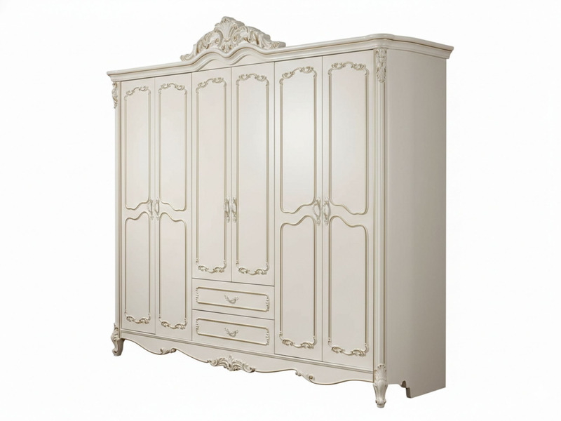 Tủ quần áo 6 cánh tân cổ điển TU9007H-6 chụp góc nghiêng trên nền trắng, nổi bật các chi tiết chạm khắc và đường viền nhũ…